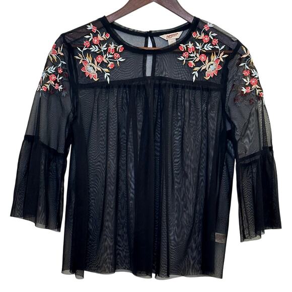 ARIZONA Sheer Floral Embroidered Bell Sleeve Top Size L Boho Whimsygoth Casual - Picture 1 of 11